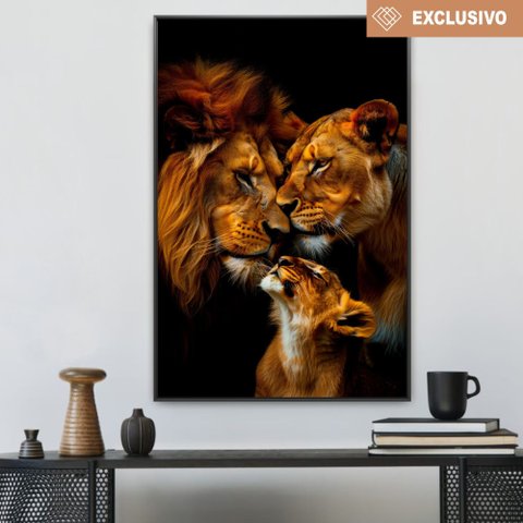 Quadro Decorativo Família Leão Leoa com Um Filhote Sala Quarto Casa Escritório