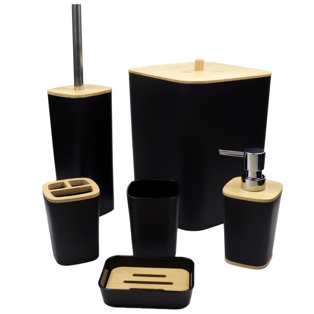 Jogo de Banheiro Bancada Funcional Decorativo Elegante Bambu Quadrado Preta 6 Peças - R3P Import