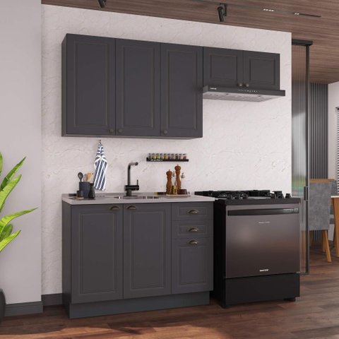 Armário de Cozinha Modulada Compacta Fidelitá Nara 100% MDF 3 Peças 200cm 8 Portas 2 Gavetas sem