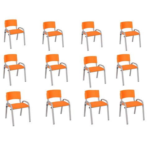 Kit 12 Cadeiras Infantil Iso, Escola, Base Cinza- Laranja