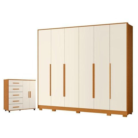 Guarda Roupa Casal Mercure 6 Portas e Cômoda Toronto com Rodízios 05 Gavetas e 02 Portas Cinamomo