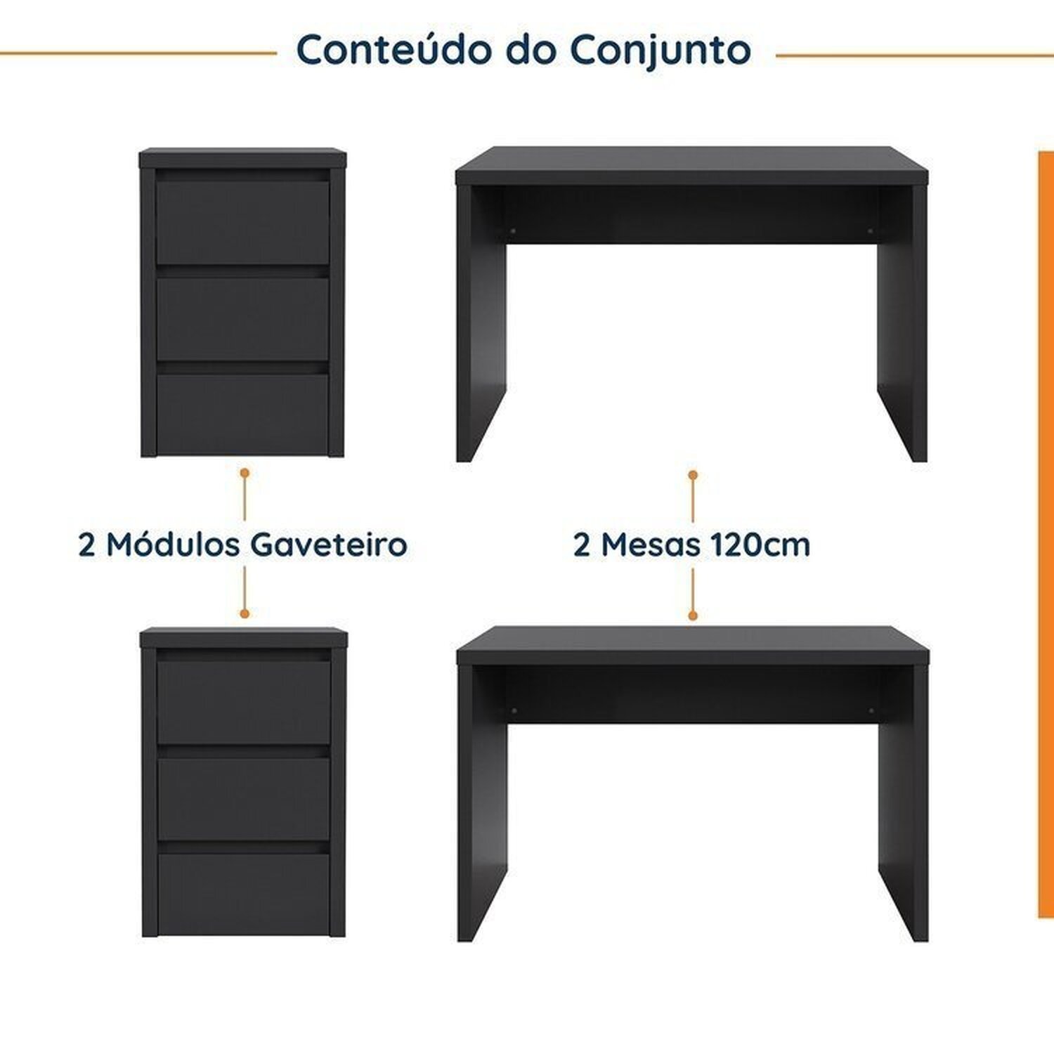 Conjunto Home Office 4 Peças 2 Mesas 120cm 2 Gaveteiros Ficus Cabecasa Madeiramadeira - 2