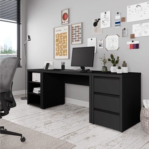Escrivaninha Mesa Escritório com Gaveteiro e Nicho Ficus 3 Gavetas 220cm CabeCasa MadeiraOriginals Preto