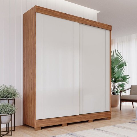 Guarda-Roupa 183cm 2 Portas de Correr com Pés 100% MDF Bonito Espresso Móveis Off White/Cinamomo