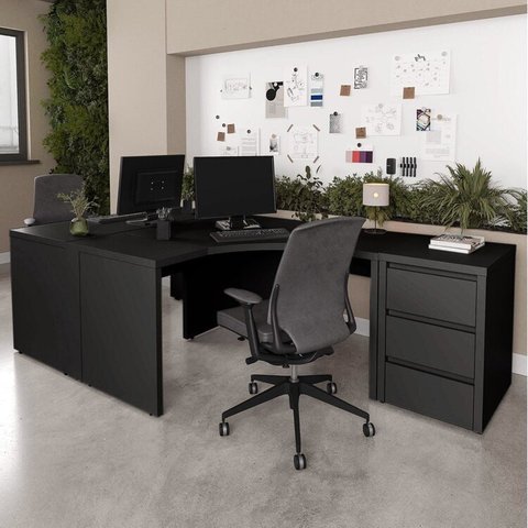 Conjunto Home Office 1 Mesa em L 1 Mesa 1 Gaveteiro Ficus 135cm CabeCasa MadeiraOriginals Preto