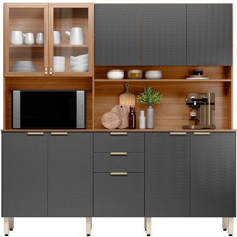 Kit Cozinha Compacta 10 Portas 2 Gavetas Ruby Amêndola/Grafito