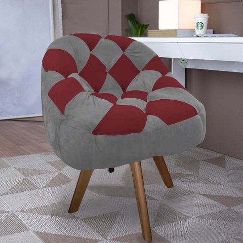 Poltrona Paloma Escritório Sala Giratória Madeira Suede Cinza e Suede Vinho - Dominic Decor