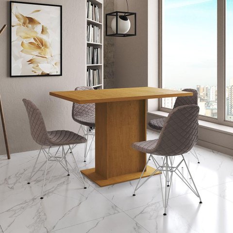 Mesa Jantar Londres Tampo Canela 120cm 4 Cadeiras Ferro Branco Estofado Nude Médio