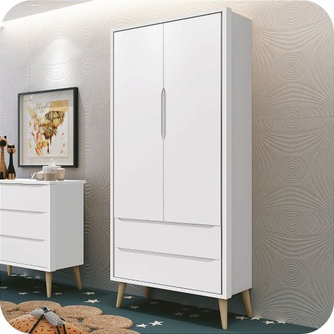Guarda Roupa Infantil 2 Portas e 2 Gavetas Retrô Branco Theo Madeira Natural