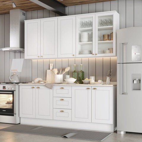 Conjunto Cozinha Compacta 4 Peças com Portas de Vidro 100% MDF 200cm Americana
