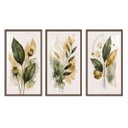 Ver imagem 3 de Kit 3 Quadros Folhagem Verde Dourado Aquarela com Moldura Tabaco