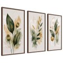 Ver imagem 2 de Kit 3 Quadros Folhagem Verde Dourado Aquarela com Moldura Tabaco