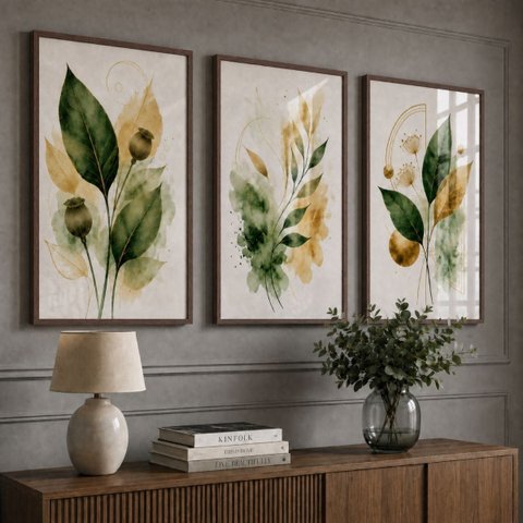 Kit 3 Quadros Folhagem Verde Dourado Aquarela com Moldura Tabaco
