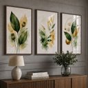 Ver imagem 1 de Kit 3 Quadros Folhagem Verde Dourado Aquarela com Moldura Tabaco