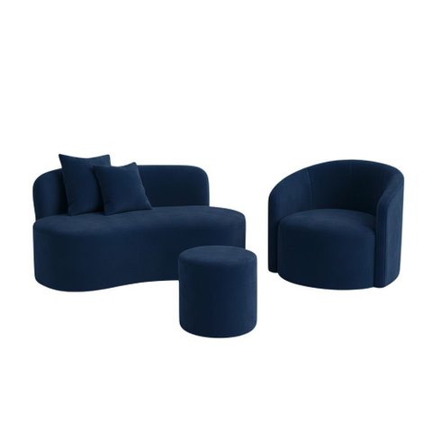 Conjunto 01 Poltrona + Sofá e 1 Puff Curvo Orgânico Nature Gaia Veludo Azul Marinho - Montanaris Dec