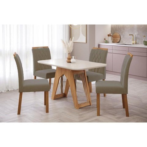 Conjunto: Mesa Sala Jantar Carol c/ Tampo Madeirado c/ Vidro 130cm + 4 Cadeiras Juliana Nature/Off
