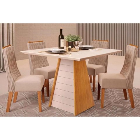 Conjunto: Mesa Sala Jantar Fler Tampo Madeirado C/ Vidro 90x90cm e 4 Cadeiras Jade Cedro/off White