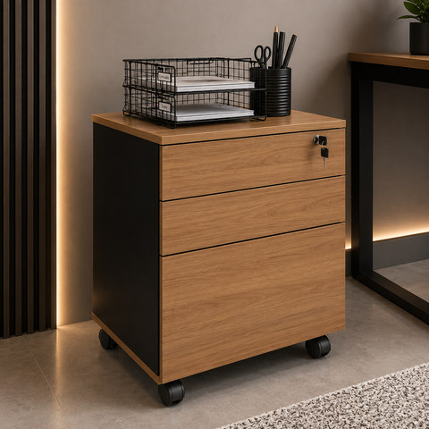 Gaveteiro Arquivo para Escritório Home Office 3 Gavetas Amêndoa/ Preto- Tecno Mobili