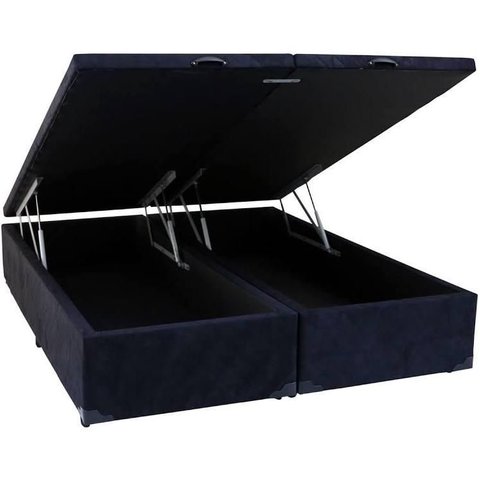 Cama Báu Box Base Casal Bipartido Suede Preto com Pistão a Gás. Rc