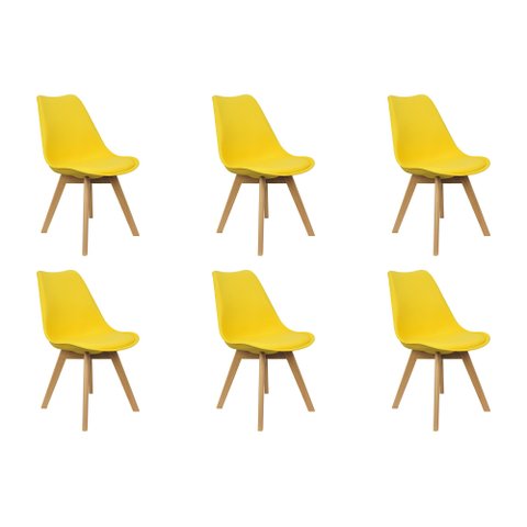 Kit 6 Cadeiras Charles Eames Leda Luisa Saarinen Design Wood Estofada Base Madeira - Amarela