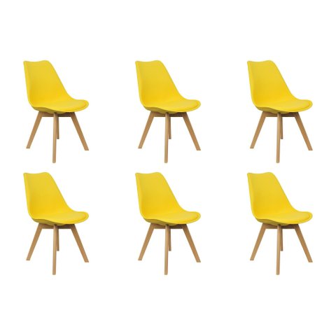 Kit 6 Cadeiras Charles Eames Leda Luisa Saarinen Design Wood Estofada Base Madeira - Amarela