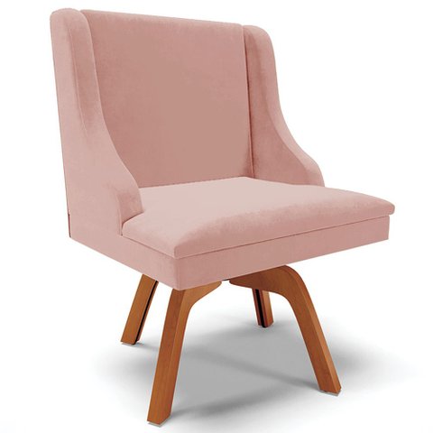 Poltrona Decorativa Base Giratória de Madeira Firenze Veludo Rosê/Natural - Gran Belo