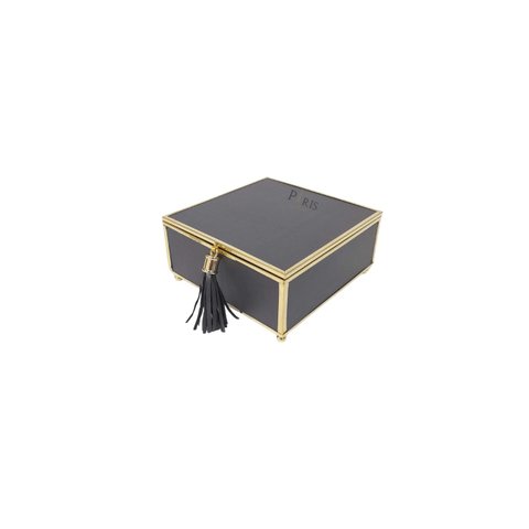 Caixa Decorativa Quadrada de Vidro e Couro Sintético Preto e Dourado 15cm Paris Luz