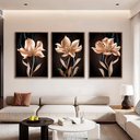 Ver imagem 1 de Kit com 3 Quadros Decorativos 70x50 Cm Floral Dourado com Moldura Caixa Preta 3cm Profundidade