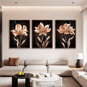 Kit com 3 Quadros Decorativos 70x50 Cm Floral Dourado com Moldura Caixa Preta 3cm Profundidade