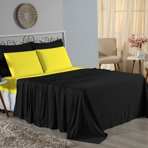 Jogo de Cama Casal Viúva Nobre 4 Peças Malha 100% Algodão - Preto / Amarelo
