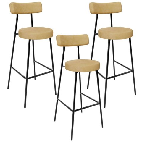 Kit 03 Banquetas Alta Bar Cozinha Sala De Jantar Estrutura Em Aço Milão L02 Couríssimo Fendi - Lyam 