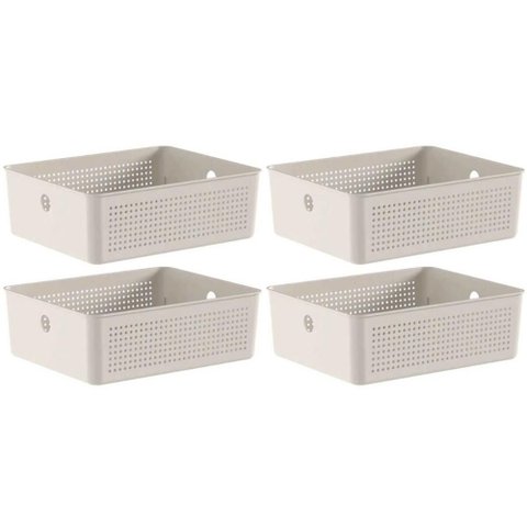Kit 4 Caixas Organizadoras ou Multiuso 12L Bege Flow 34x27x13cm Lavanderia Closet Banheiro