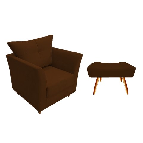 Kit Poltrona Decorativa Isis + Puff Retangular Couro Marrom Pés Madeira Mz Decor