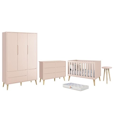 Dormitório Infantil Theo 3 Portas, Cômoda 6 Gavetas, Berço, Mesa de Canto Rosa Fosco com Pés Madeira