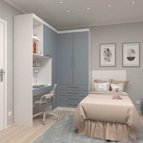 Guarda Roupa Modulado Solteiro de Canto com Escrivaninha Alpes Luciane M04 - Azul