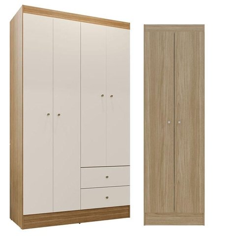 Guarda Roupa Solteiro Versa 4 Portas Freijó Off White Fosco com Armário Multiuso Aura Freijo Fosco -
