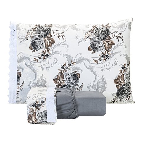 Jogo De Lençol Estampado Casal King 03 Peças Flores Cinza - Algodão