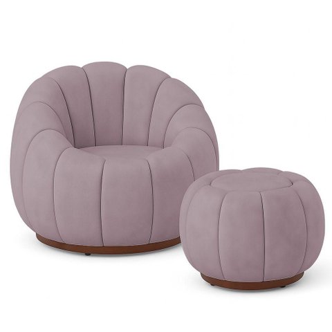 Poltrona Decorativa Orgânica Fixa com Puff Nuvem Boucle Rose com Apoio para Os Pés Loja Sheep