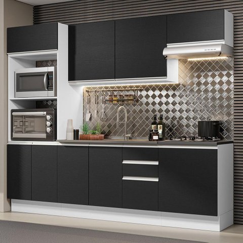 Armário De Cozinha Completa 100% Mdf 250cm 03 Branco/preto