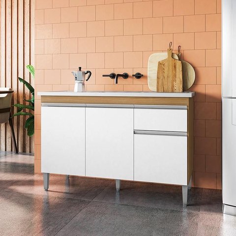 Balcão de Pia Ambiente Tatiane 120cm Amêndoa Branco - Ajl