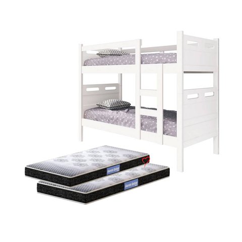 Beliche com 2 Colchões Cama Solteiro Jaspe em MDF cor:Branco