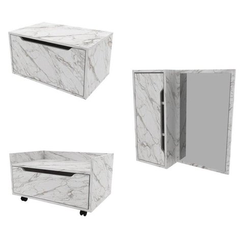 Conjunto de Banheiro com Gabinete Suspenso 1 Porta, Espelheira e Armário com Rodízios Branco/Mármore
