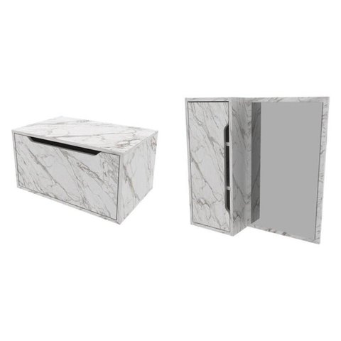 Conjunto de Banheiro com Gabinete Suspenso e Espelheira Branco/Mármore