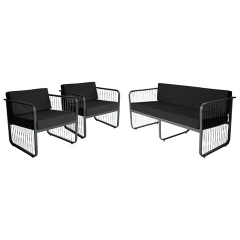 Conjunto 2 Poltronas e Namoradeira Fibra Sintética Santiago Preto-preto