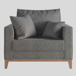 Poltrona Benny Pés Base Em Madeira Em Linho Cotton Para Sala - Cinza