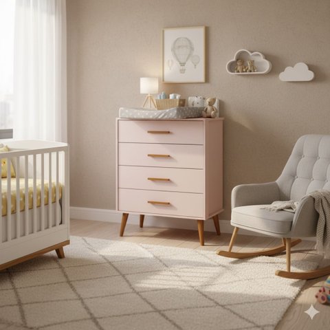 Comoda Gaveteiro Infantil Isis 4 Gavetas Rosa Acetinado Pés Retrô P/ Quarto do Bebê  - Reller