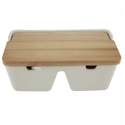 Saleiro de Mesa com 2 Divisórias de Cerâmica e Tampa de Bambu e Colher Bianco 20cm X 9cm - 1