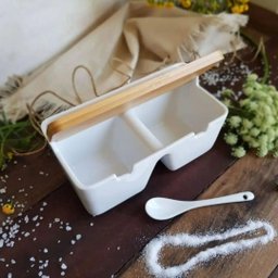 Saleiro de Mesa com 2 Divisórias de Cerâmica e Tampa de Bambu e Colher Bianco 20cm X 9cm - 5