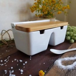 Saleiro de Mesa com 2 Divisórias de Cerâmica e Tampa de Bambu e Colher Bianco 20cm X 9cm - 6