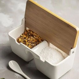 Saleiro de Mesa com 2 Divisórias de Cerâmica e Tampa de Bambu e Colher Bianco 20cm X 9cm - 7